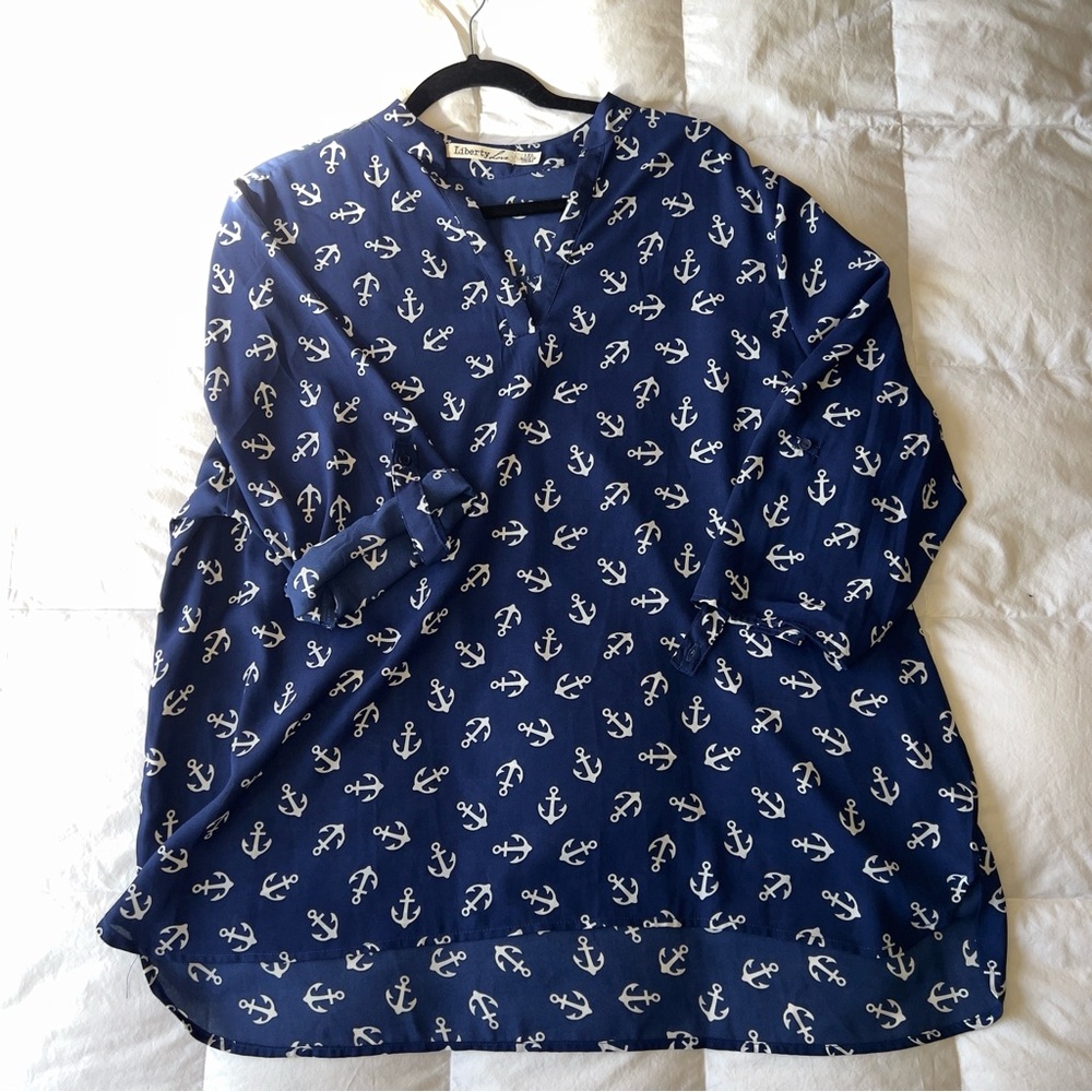 Liberty Love Anchor Blouse Navy White 1X Cruise ⚓